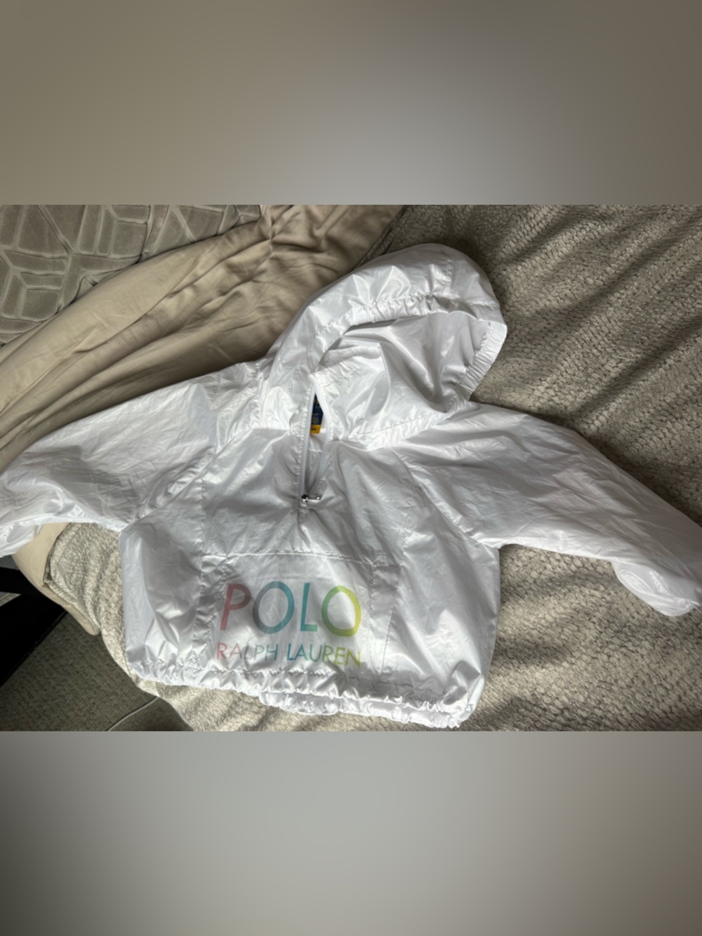 Ralph Lauren White Hooded Windbreaker with Rainbow POLO Logo